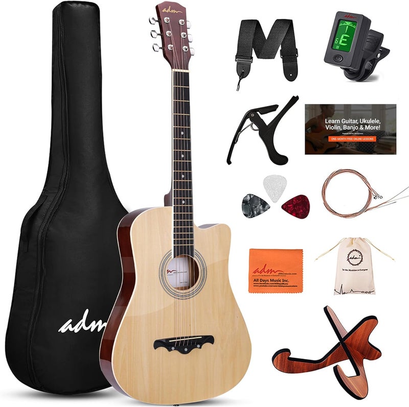 ADM 38" Inch Acoustic Guitar Bundle for Beginners Adults with Online Lesson, Cutaway Wood Acustica Guitarra Starter Set Package with Gig Bag, Strap, Steel Strings, Picks, Capos, Stand, Natural - Image 1